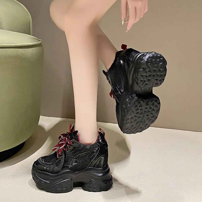 Fashion 12CM New 2025 Autumn Breathable Women Chunky Sneakers Lace-up Wedges Mesh Shoes Thick Soles Trainers High Platform Casual Shoes