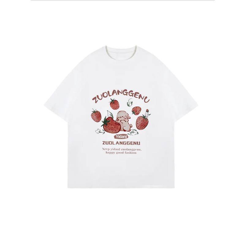 White T Shirt With Strawberry And Cartoon Character Print For Casual Wear