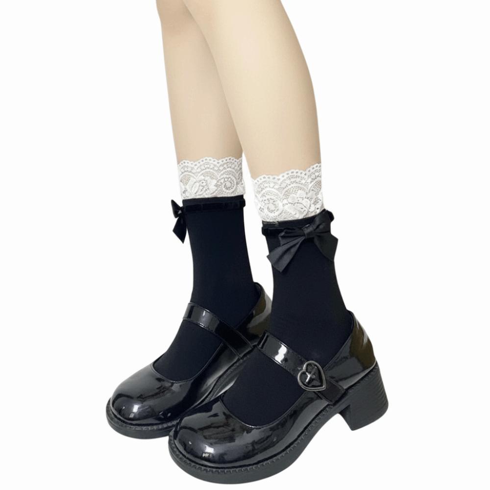 1 Pair Black/White Lolita Socks Bow Knot Design Calf Socks Sweet Over-the-knee Socks Summer Wea