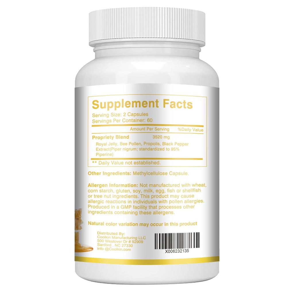 Premium Bee Pollen Capsules, Natural Bee Pollen Supplement, Containing Royal Jelly, Bee Pollen and Propolis, Suitable for Adults.