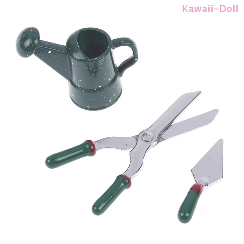 1Set 1: 12 Mini Metal Green Watering Pot Scissors Shovel Model Dollhouse Gardening Tool Set