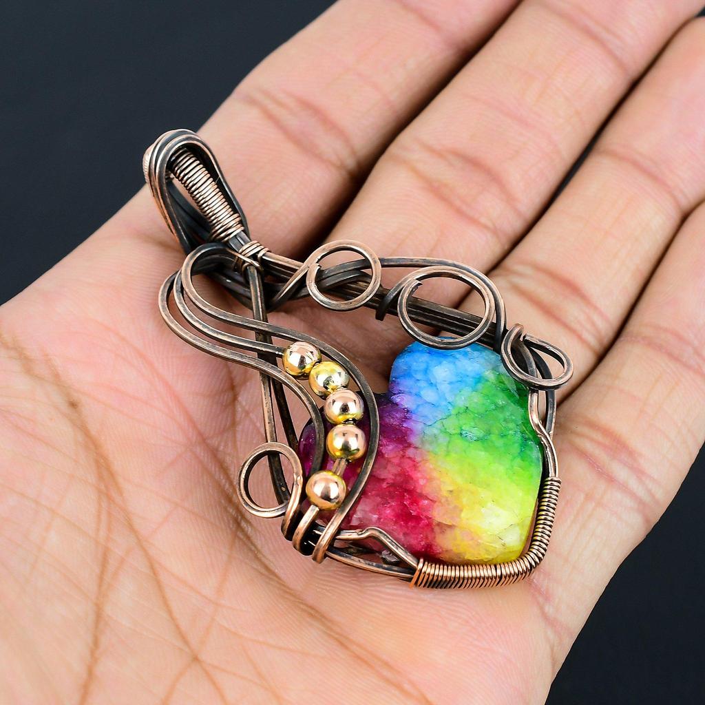 Rainbow Solar Quartz Gemstone Handmade Pure Copper Wire Wrapped Pendant Jewelry For Memorial