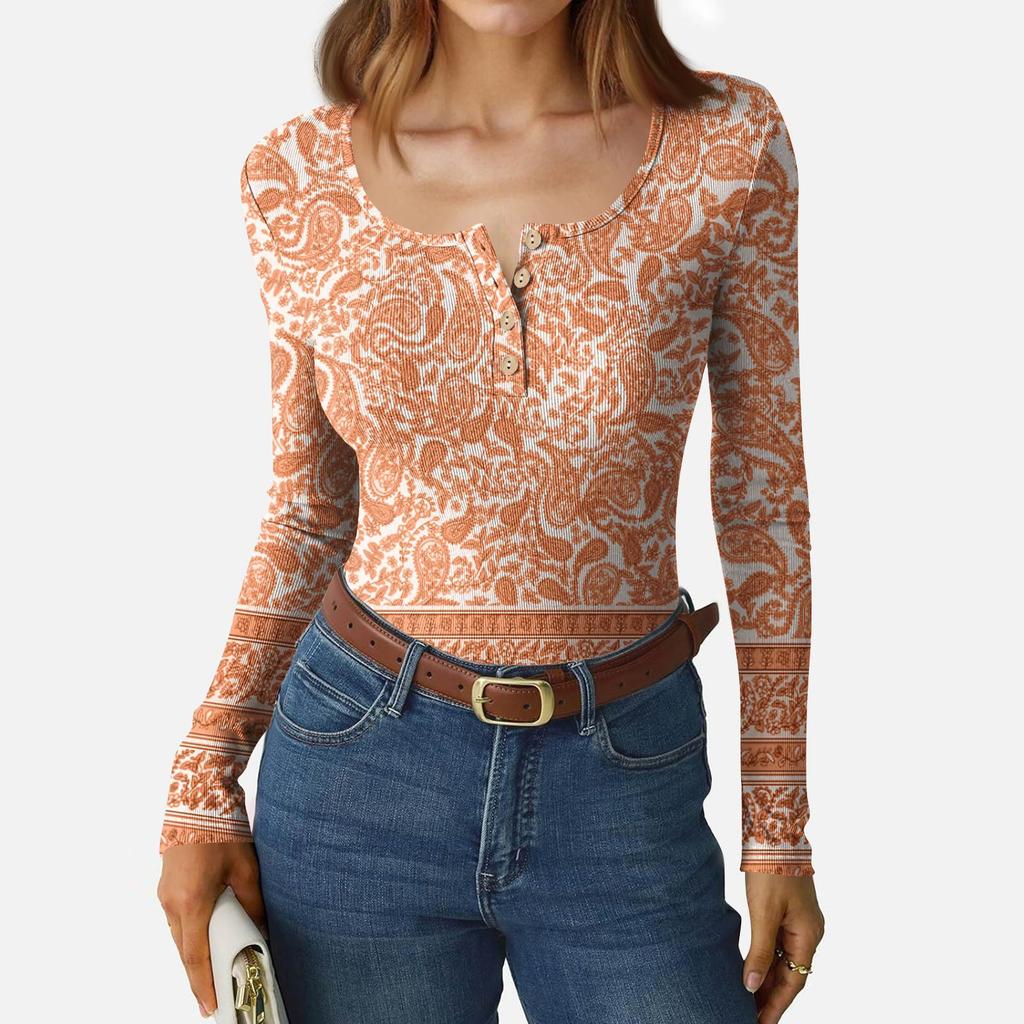 Camiseta de Fondo Delgado para Mujer Moda Casual Estampado Degradado Cuello Redondo Jersey Manga Larga Top