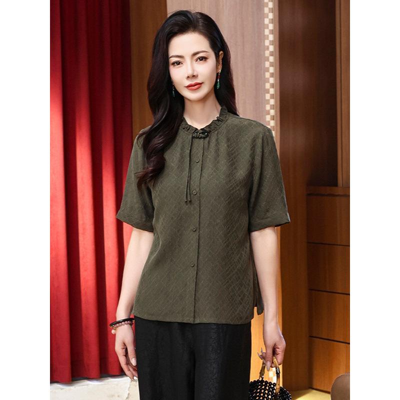 

Ароматная облачная пряжа рубашка шелк ретро воротник-стойка короткий рукав шелковый топ шелковая рубашка из тутового шелка женская 4XL темно-зеленого