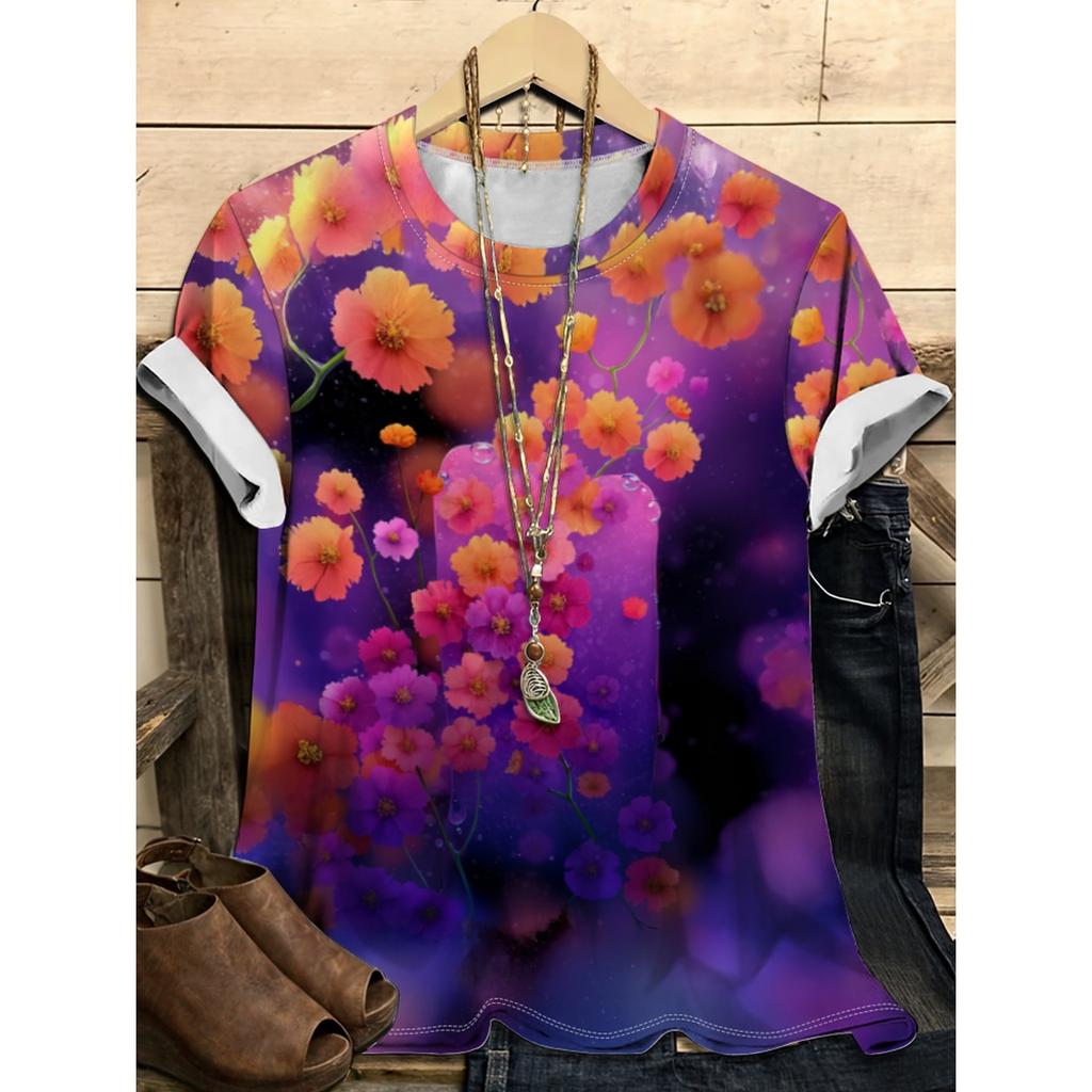 Letní dámské tričko s kulatým výstřihem, květinovým vzorem a 3D potiskem, módní, ležérní, s krátkým rukávem