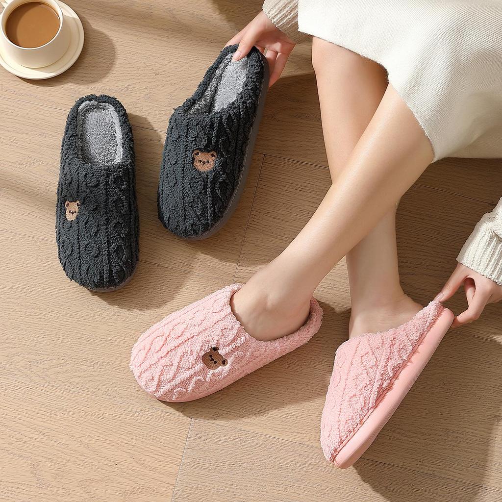Cozy Cartoon Bear Indoor Cotton Slippers for Couples - Warm Plush Winter Footwear for Men & Women