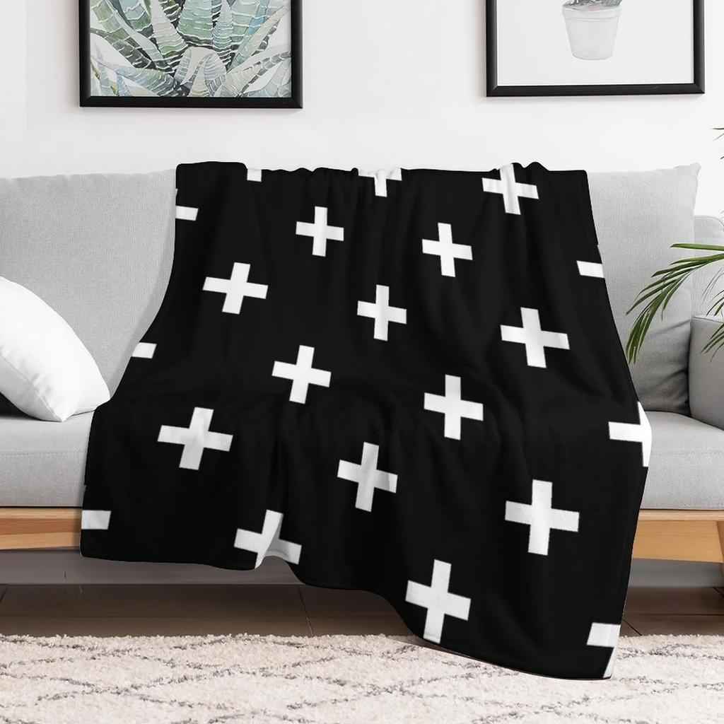 Black and White Swiss Cross Pattern Throw Blanket Cozy Warm Blanket for Bed Room Decor