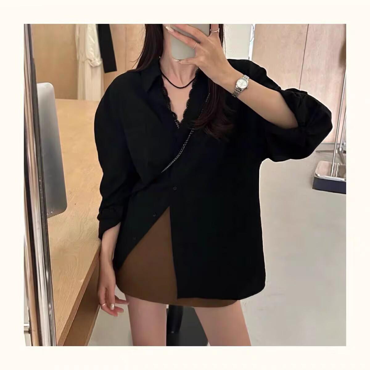 

Women s Casual White Long Sleeve Shirt with French Lace Trim - Spring 2025 Fashion XL 130-145