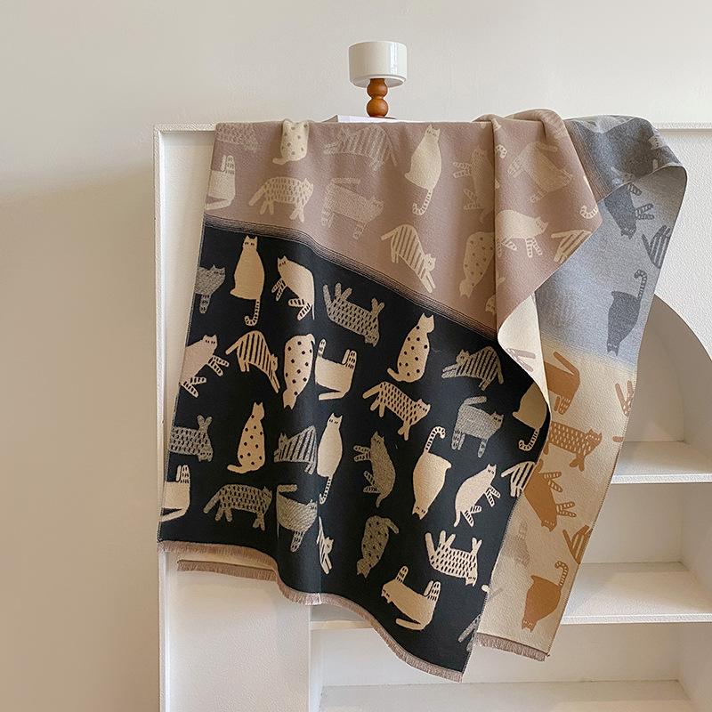 Scarf retro autumn and winter versatile color matching cartoon cat long thickened warm imitation cashmere shawl women