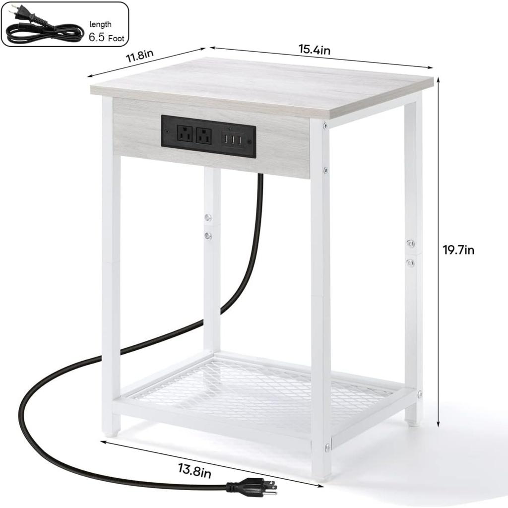 Narrow Nightstand W/ Charging Station - 2-Tier Light Maple White Bedside Table, USB Ports & Outlets + Storage Shelf