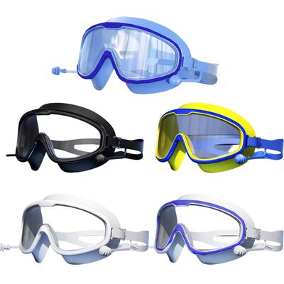 Schwimmbrille für Erwachsene mit großem Rahmen, wasserdicht und beschlagsfrei, hochauflösende Schwimmbrille, einteilige Silikon-Schwimmbrille mit Ohrstöpseln