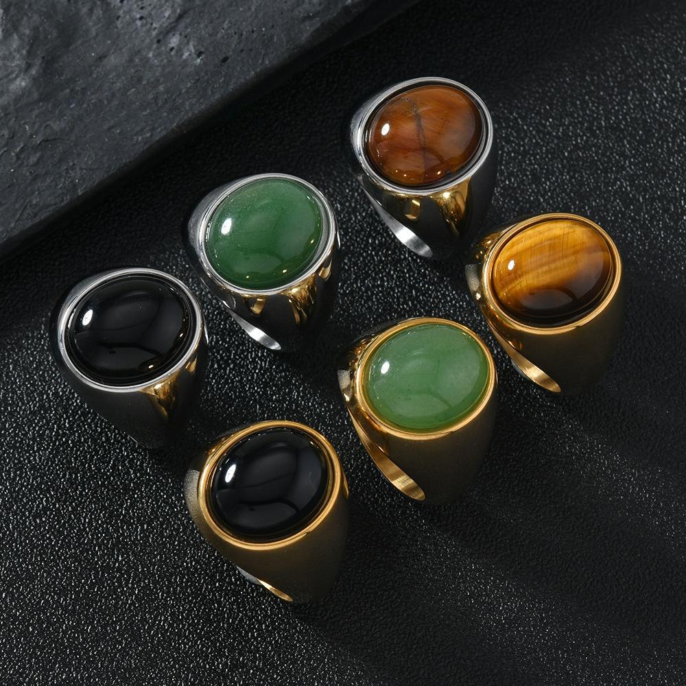 Vintage Men's Ring Tiger Eye Stone Golden Stainless Steel Oval Natural Zircon Women's Ring Hip-hop Jewelry