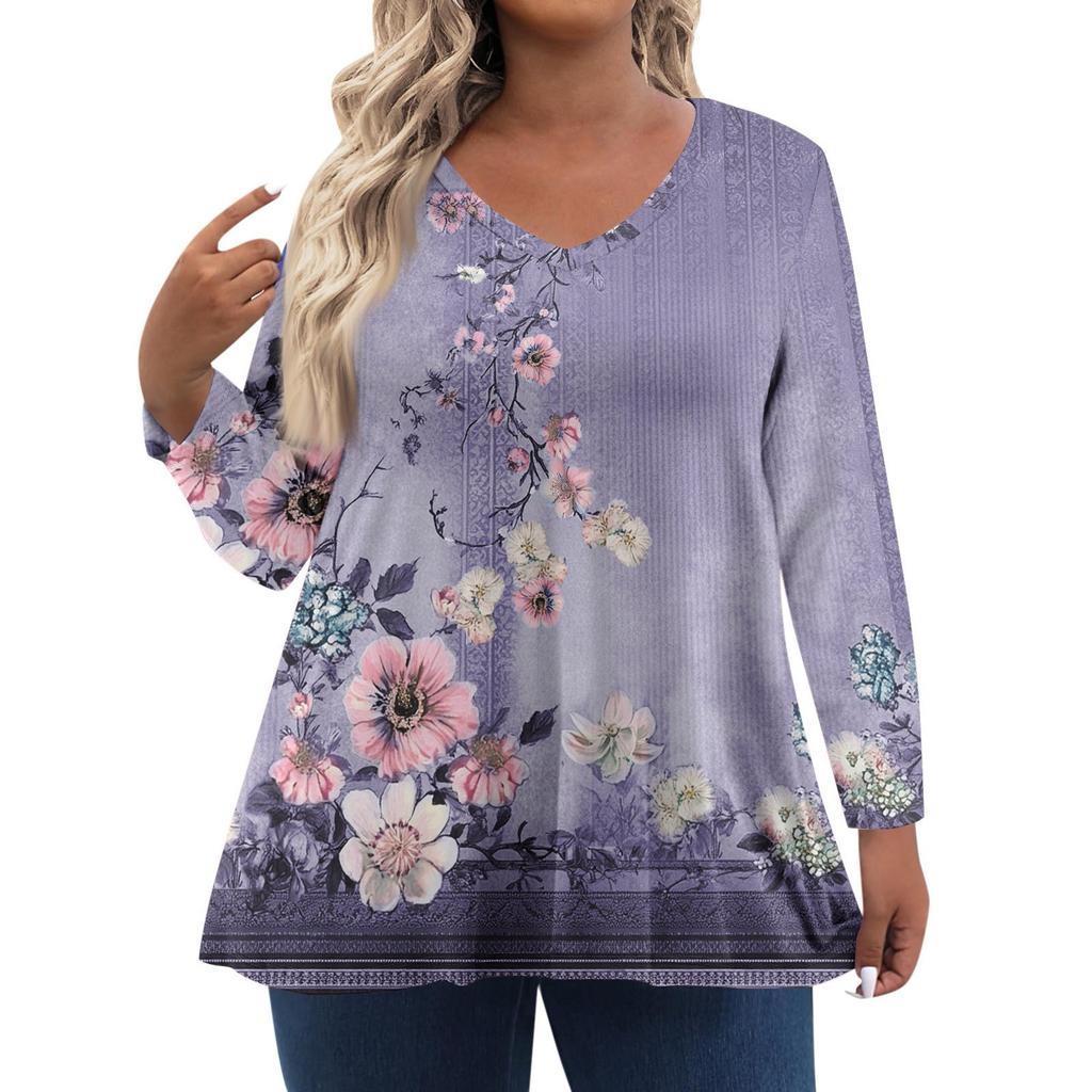 Modisches lässiges Langarm-Oberteil für Damen in Übergröße mit Blumenprint Übergröße Blumenprint-Oberteil