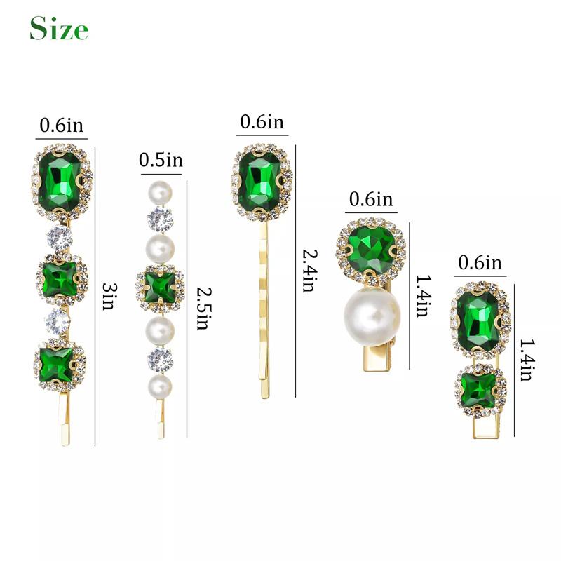 

{YY28} 5Pcs Retro Emerald Gem Women Hair Clips Luxury Rhinestone Pearl Barrettes Pins Headwear Jewelry Fashion Hair Accessories one size