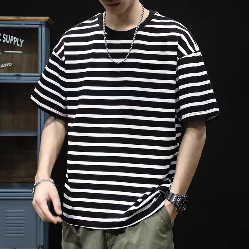 Striped Summer Round Neck American Trendy Short-sleeved T-shirt for Men New Loose Casual Short-sleeved Half-tee-shirt