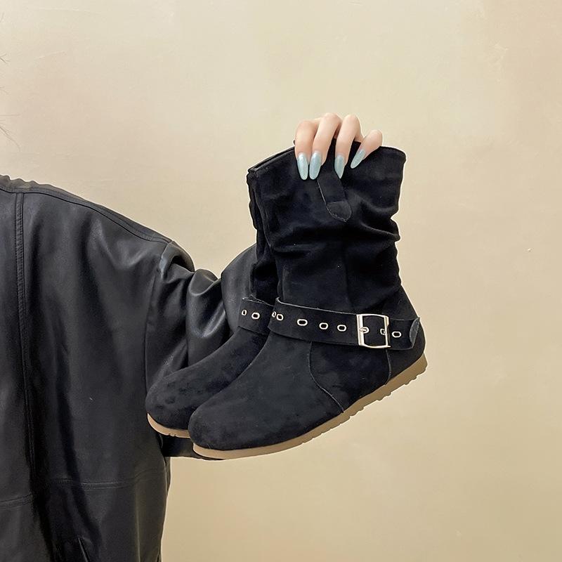 Винтажные простые ботинки Мартин с пряжкой ковбойские женские ботинки в западном стиле осенне-зимняя модная пряжка плоский каблук тонкие ботинки модные ботинки 35 3989₽