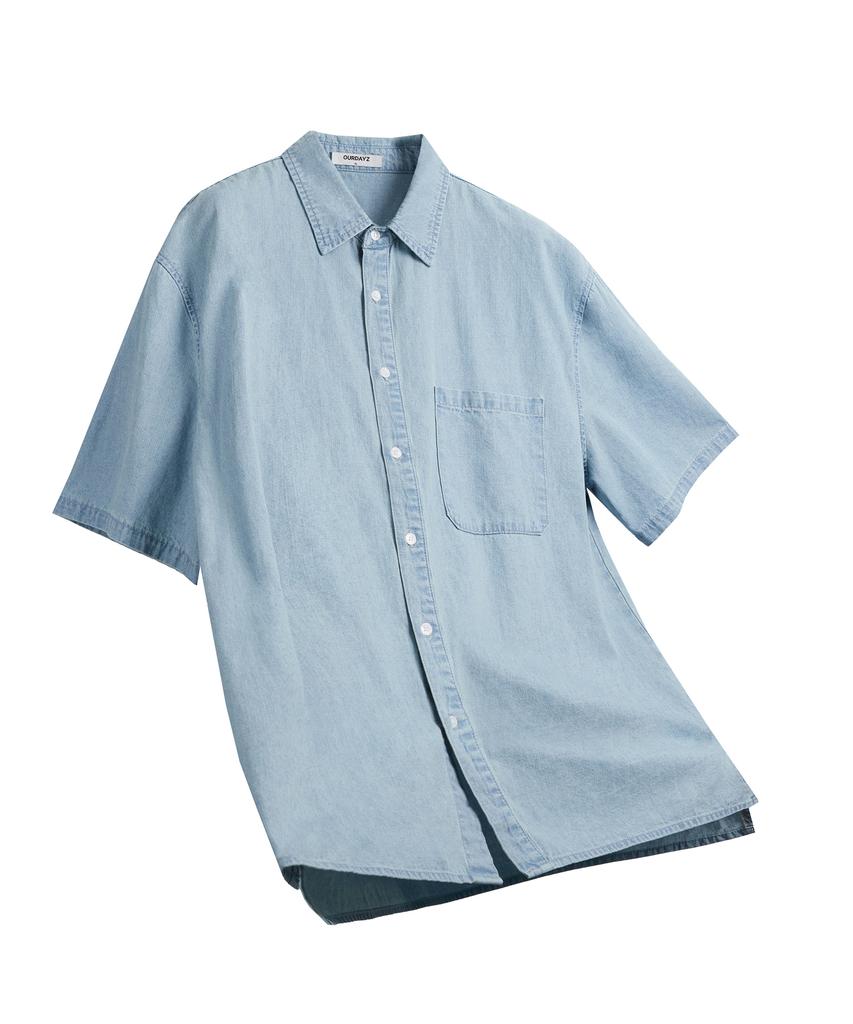 Awodeijeu Cool Linen-Like Denim Half Shirt [Blue]