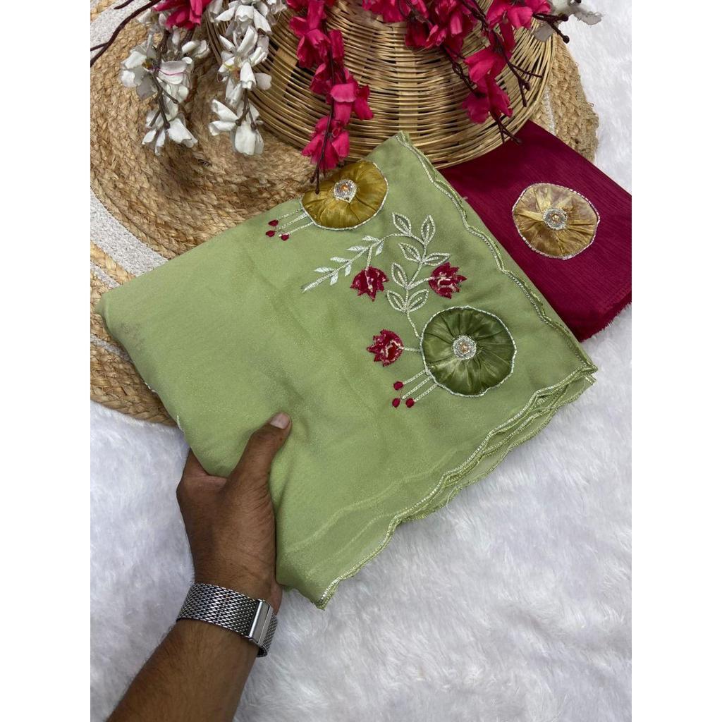 Saree Crunchy Chiffon With Gota Paty Work & Butta Moti Work With All Over Aarco