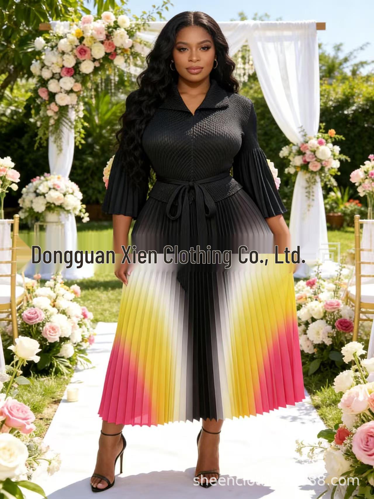 Miayki Women s European Pleated Flower Gradient Dress with Trumpet Sleeves, Long Sleeves, and Waist-Cinching Design - Plus Size Available. One Size чёрный