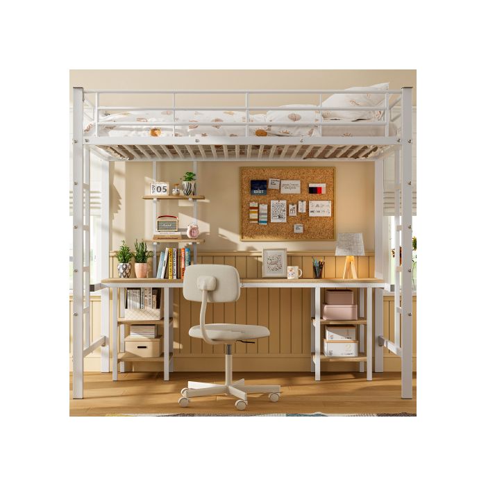 Lit superposé - MUVOE - 90x200 cm - Métal blanc - Échelle latérale - Sécurisé EN747