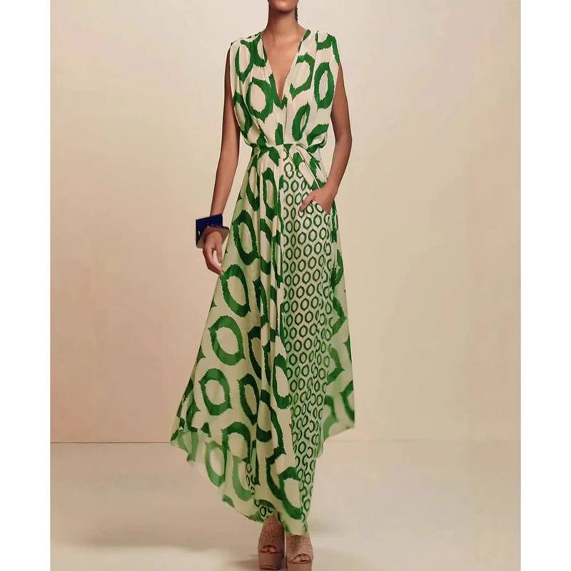 Elegant Printed Sleeveless Lace Up Tops+Slim Pants Suit Chic Double V Hollow Out 2 Piece Sets Summer New Casual Vacation Outfits