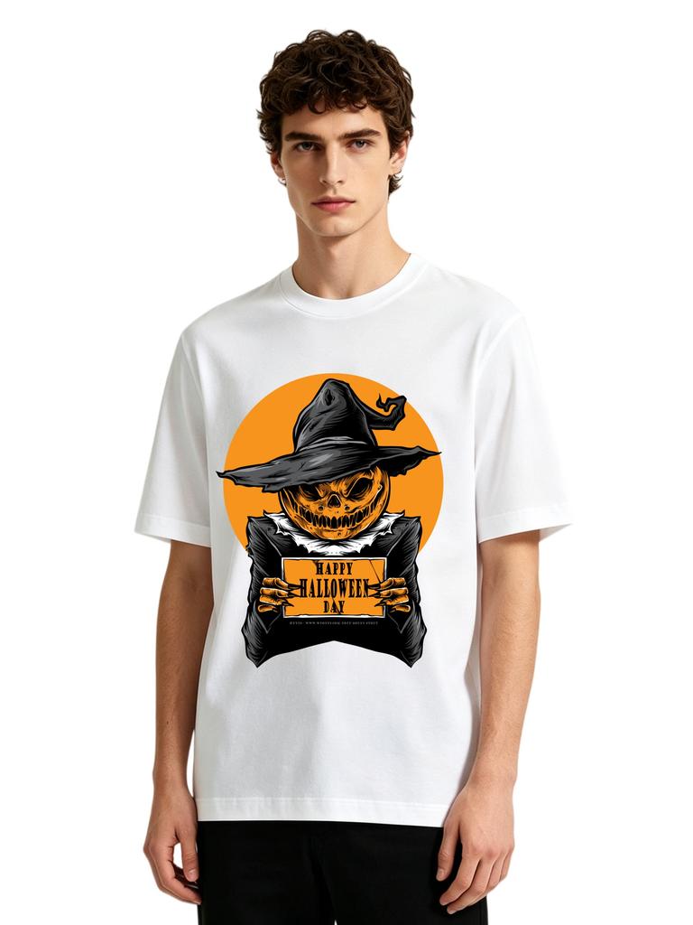 Mens Happy Halloween Pumpkin Scarecrow Graphic Tshirt Retro Spooky Print Casual Short Sleeve White Cotton Tee