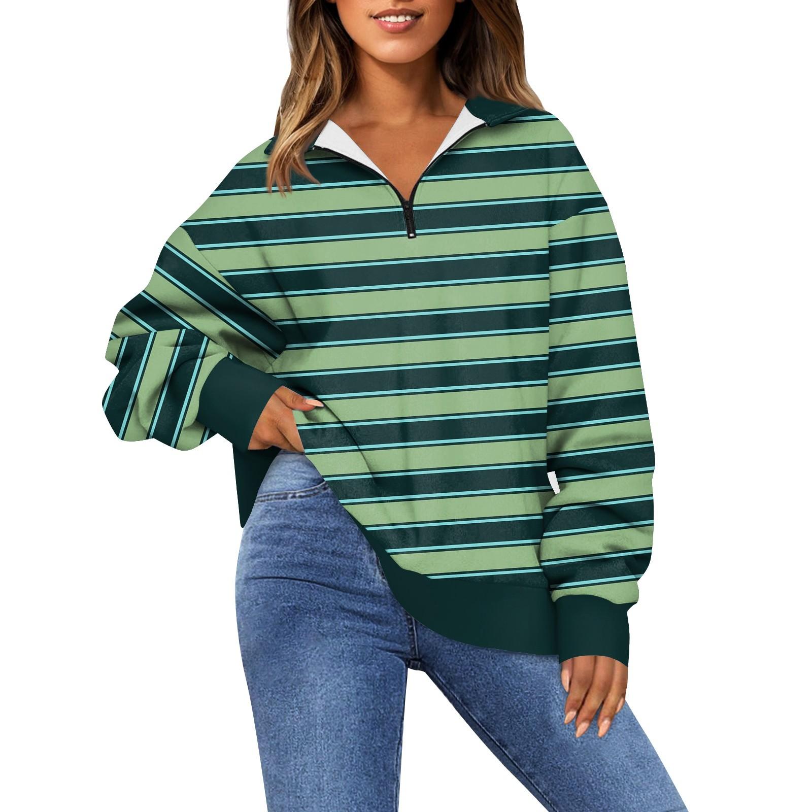 

Женская модная толстовка с длинным рукавом и принтом в полоску с отворотом на молнии M зелёный