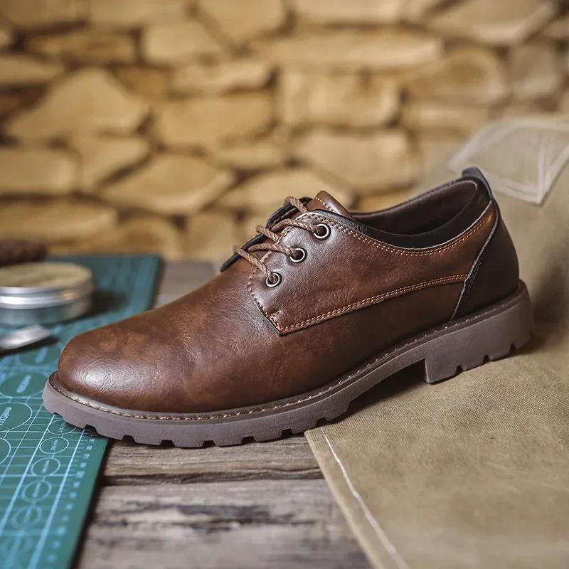 Men's Spring New Fashionable Retro Lace Up Casual Leather Shoes British Style Business Dress Men's Casual Shoes