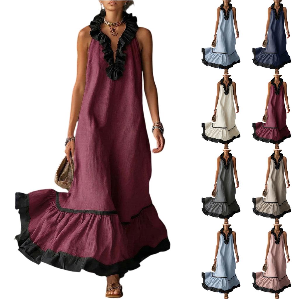 Women's Fashionable Color Round Neck 3/4 Sleeved Cotton Linen Casual Vacation Loose Long Dress