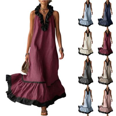 Women Sleeveless Ruffle V Neck Long Dress Casual Loose Fit Trim Maxi Dress for Daily and Vacation Wear