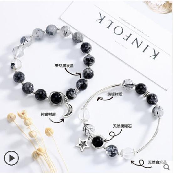 Natural black crystal couple's bracelet for women, alloy men's crystal birthstone bracelet, gift for best friends