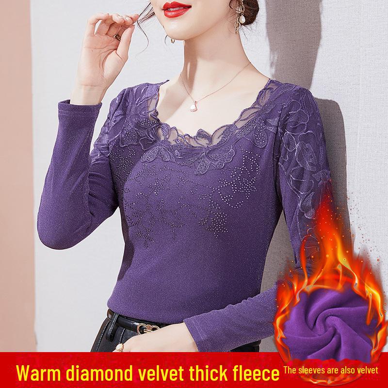 2024 Women's Plus-Size Long Sleeve Lace Mesh Warm Shirt