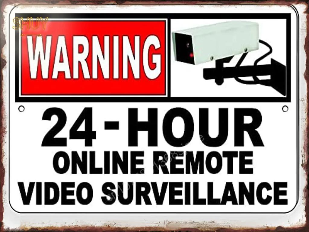 Retro Metal Tin Sign S Warning Red 24 Hour Video Surveillance Custom Painting Picture for Shop Bar Cafe English &Spanish Word