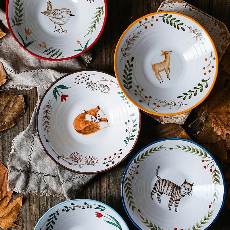 8 inch Ceramic Bowl Noodle Bowl Forest Animal Design Large Creative Restaurant Household Flower