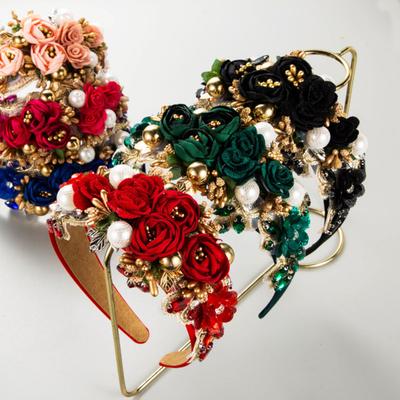 Fascia da Donna Fiori Finti Perla Finta Decorazione Strass Lucidi Larga Vintage Lusso Antiscivolo Colorata Cerchietto per Capelli Antiscivolo Accessorio Decorazione Capelli