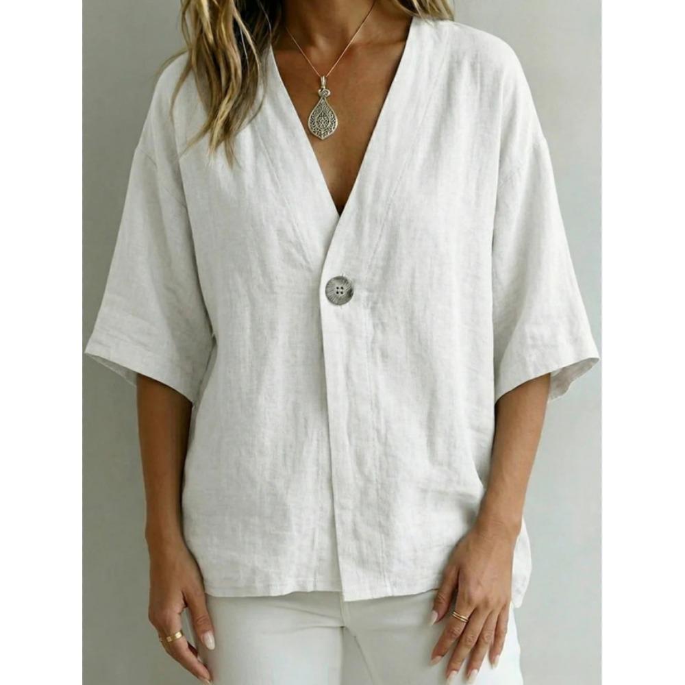 Women’s casual, loose-fit V-neck T-shirt for spring and summer – plain-coloured button-up top in linen