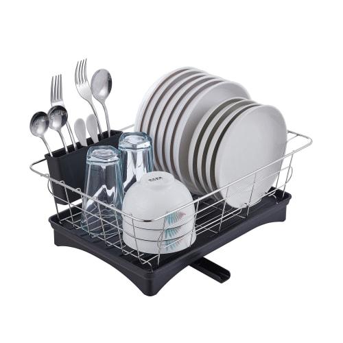 Sunaiad Dish Drainer, Draining Dishboard, Kitchen Stainless Steel with Basket, Adjustable Swivel Spout, Tray, and Storage (42 X 24.5 X 15cm, Black)