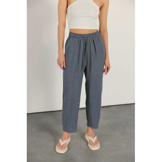 Pantaloni de jogging de damă, cu șireturi, cu talie elastică, amestec de in