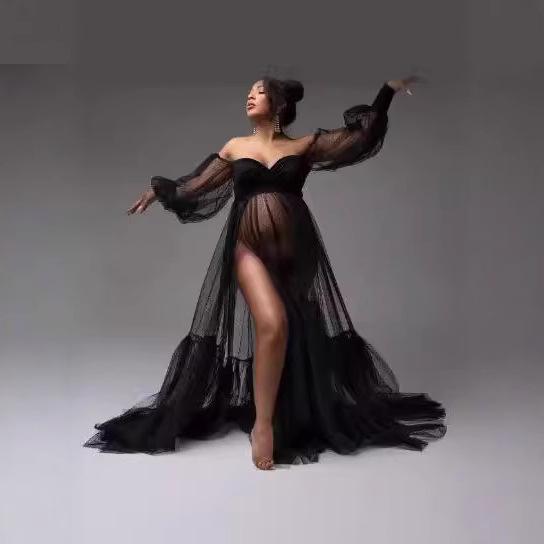 Women's Long Sleeve Maternity Gown Off Shoulder Sweetheart Tulle Split Photoshoot Dress