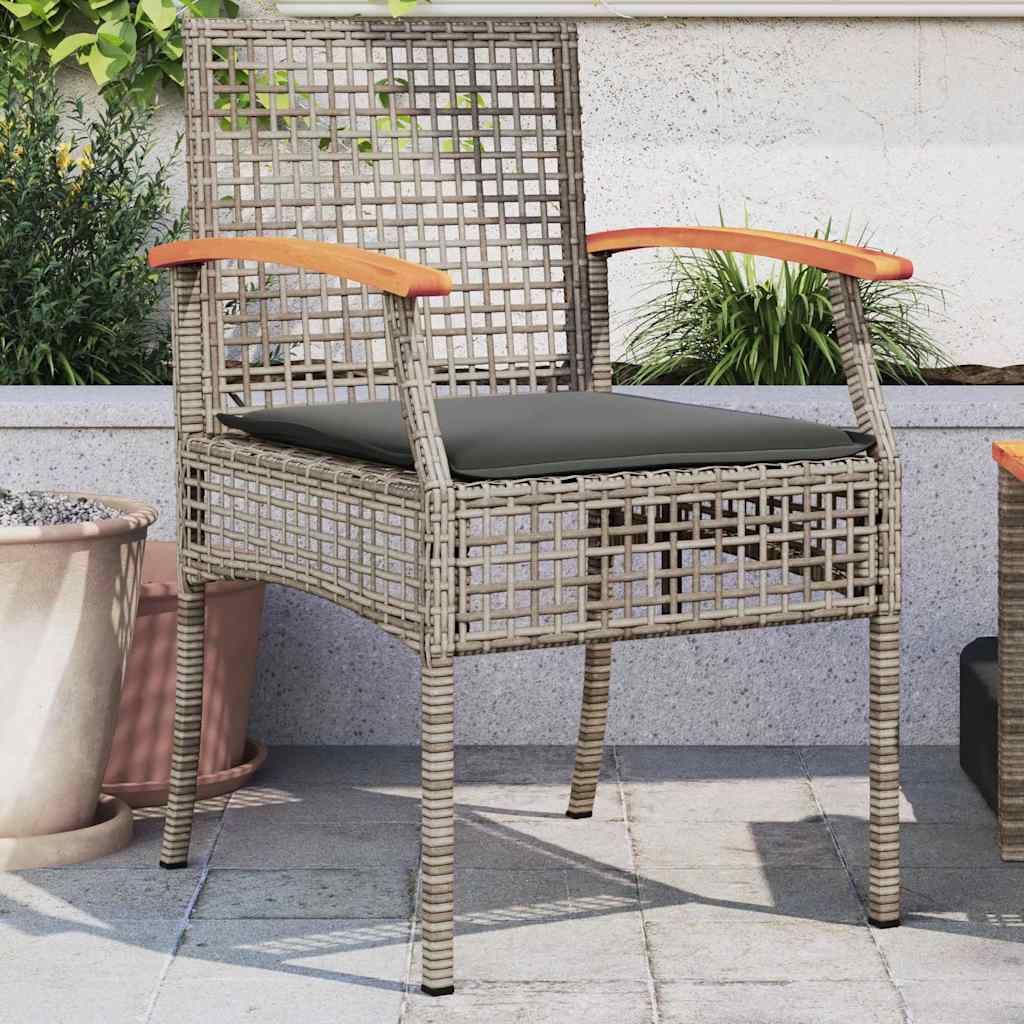 Garden Chairs with Cushions 2 pcs Grey Poly Rattan & Acacia Wood