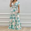 Deep V-neck Flying Sleeve Maxi Dress Waist Tight High-Waist Large Hem Flower