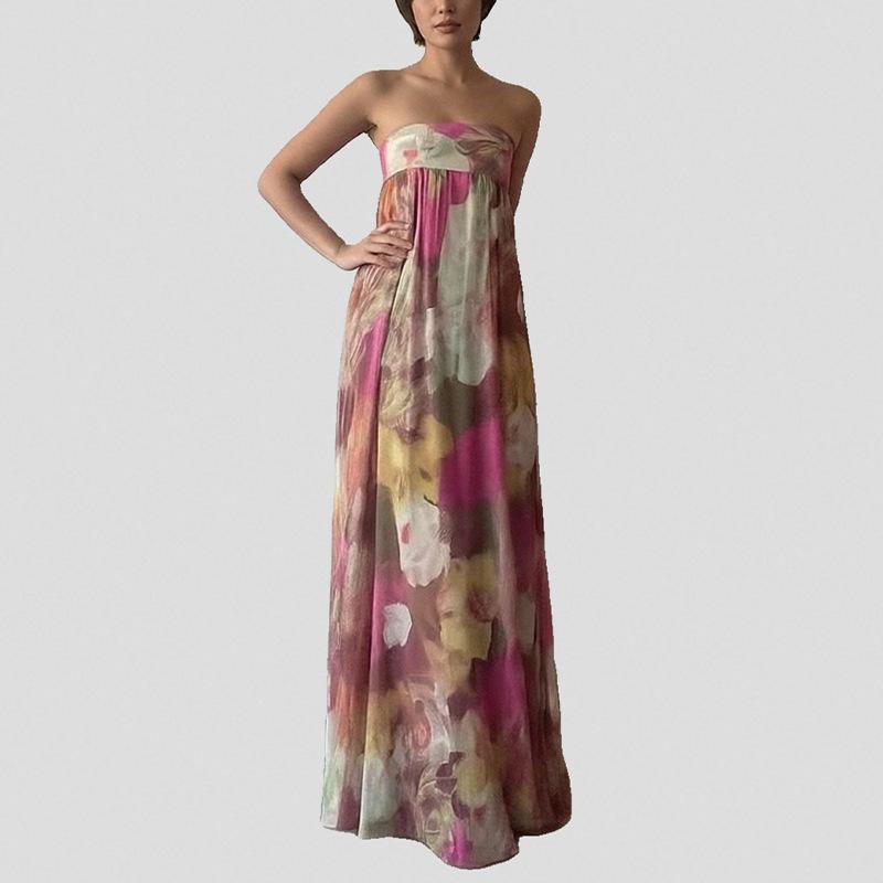 European and American women's clothing, summer new printed tube top dress, fashionable holiday style backless dress