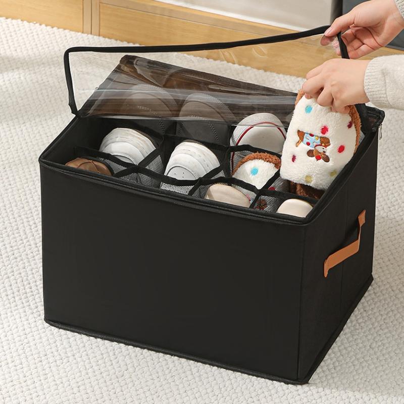 Foldable Fabric Shoe Storage Organizer 12 Grids Clear Lid Zipper Closure Easy Carry Handle for Space Saving Organization
