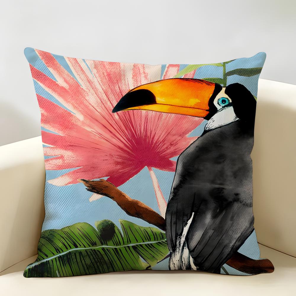 Black Toucan Pattern Art Cushion Cover Durable Hypoallergenic Organic Linen Short Pillow Cover Washable