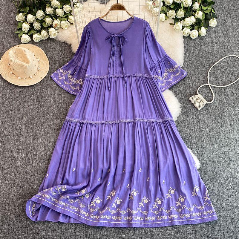 

Юньнань Путешествие Свободный Приталенный Похудение Платье Женское Летнее Этнический Стиль Вышитое Рукава 3/4 Богема Длинное Платье Purple M