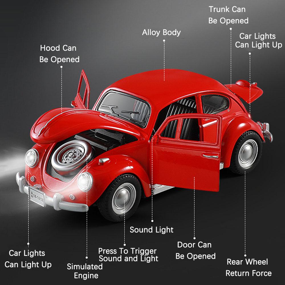 1:18 Scale Beetle 1955 Model Toy Cars Alloy Diecasting Doors Opened Sound Light Pull Back Miniature Vehicles For Children Gifts