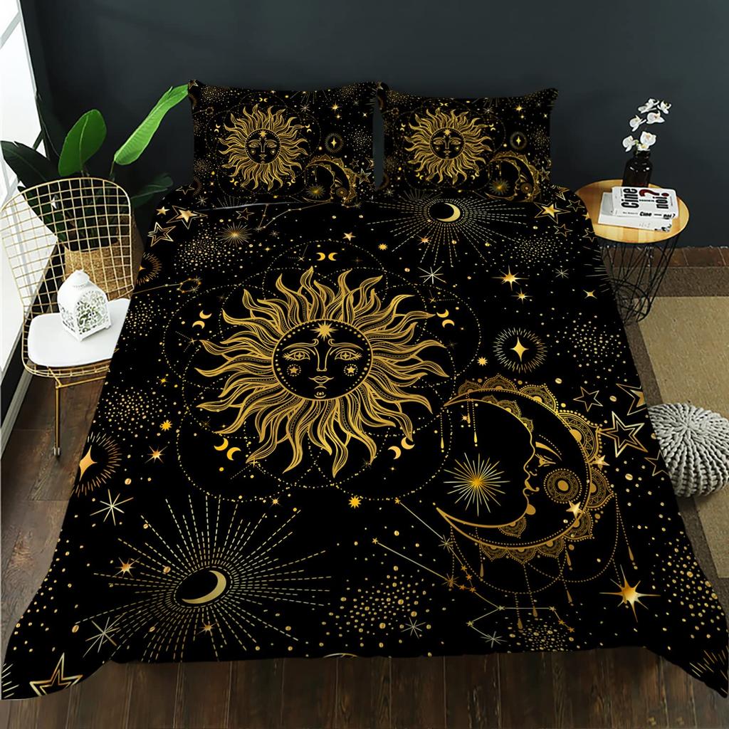 Zestaw poszewek na kołdrę Słońce i Księżyc Rozmiar Queen, Zestaw pościeli w stylu Boho Hippy ze znakiem Pokoju, Dekoracja pokoju dziewcząt i chłopców, Rustykalna poszewka na kołdrę