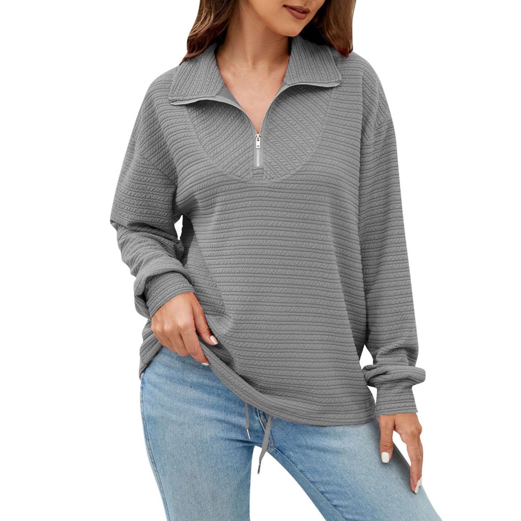 Women's Fashion Lapel Zipper Drawstring Loose Pullover Long Sleeve Casual Sweatshirt