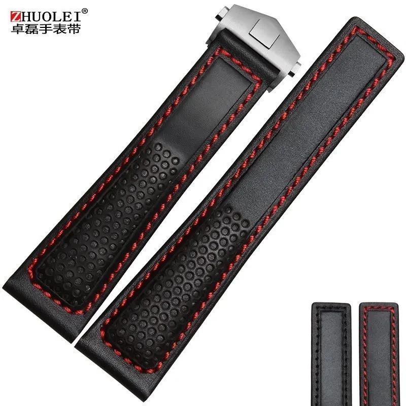 19mm 20mm 22m Cowhide Watchband For TAG Heuer Calera Monaco F1 Black Red Men Genuine Leather Strap Metal Folding Buckle Bracelet