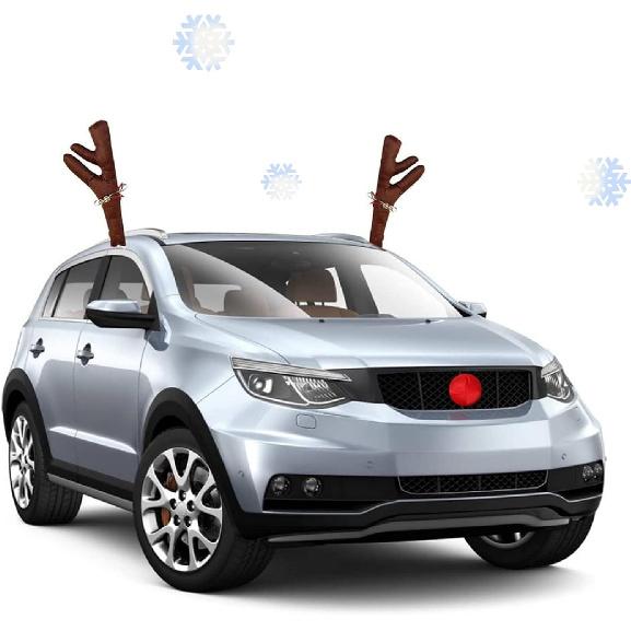 Car Christmas Decoration, Car Reindeer Antlers And Nose Set, Brown Christmas Reindeer Car Costume Christmas Antlers For Truck SUV Car Decor,Xmas Gift
